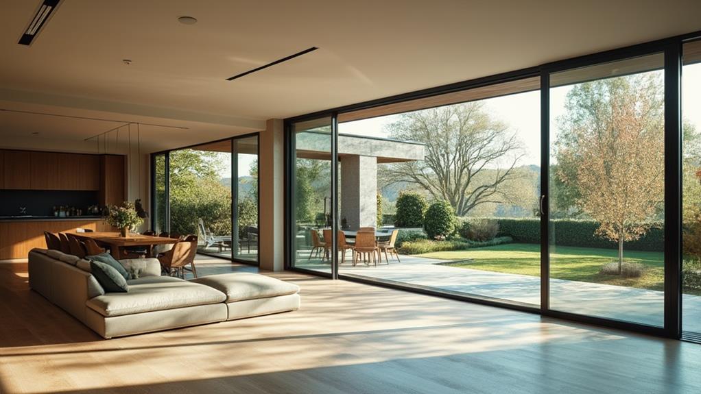 Modern living room with large aluminum sliding doors.
